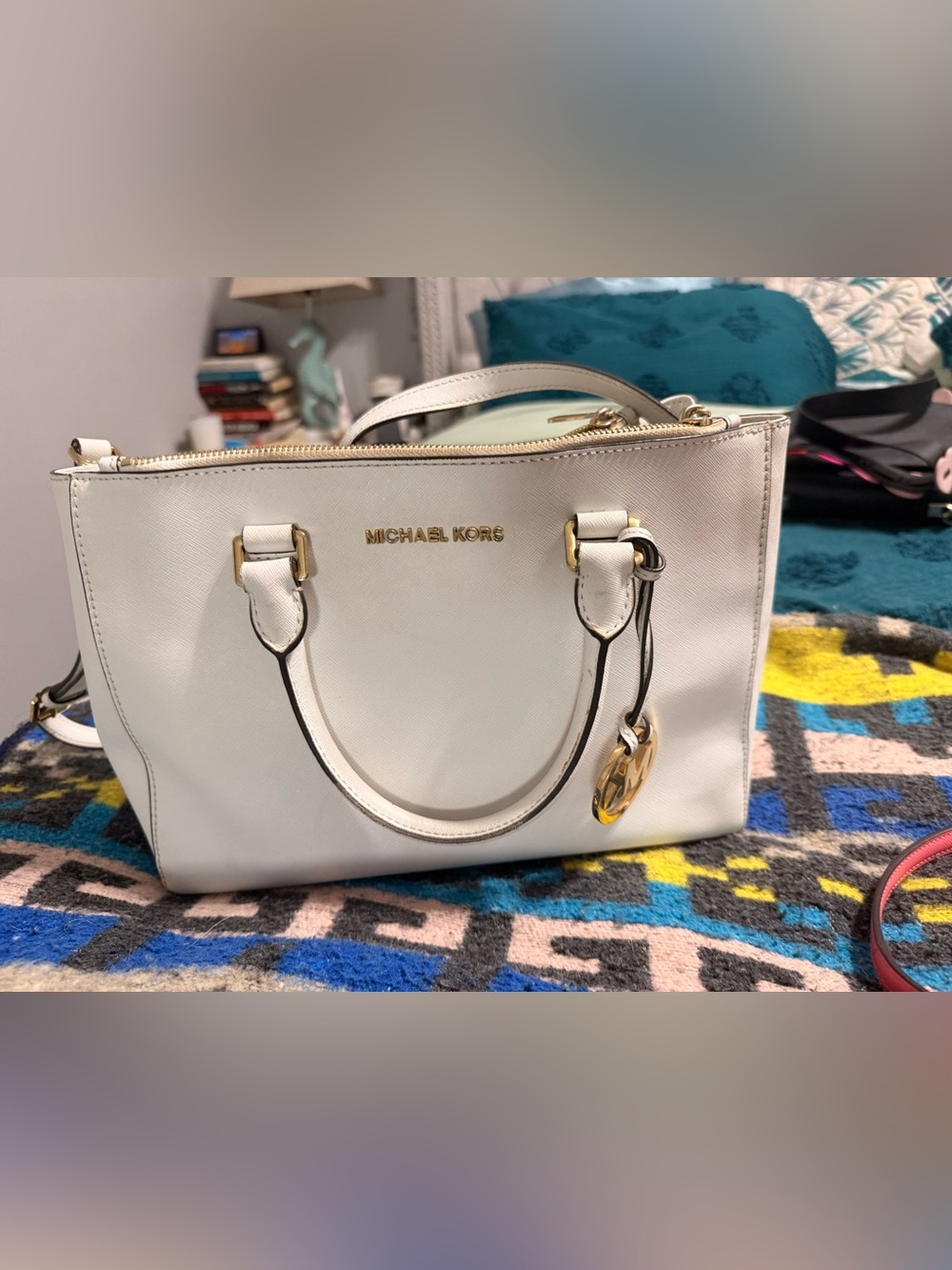 Michael Kors White Saffiano Leather Dome Satchel with Gold Hardware
